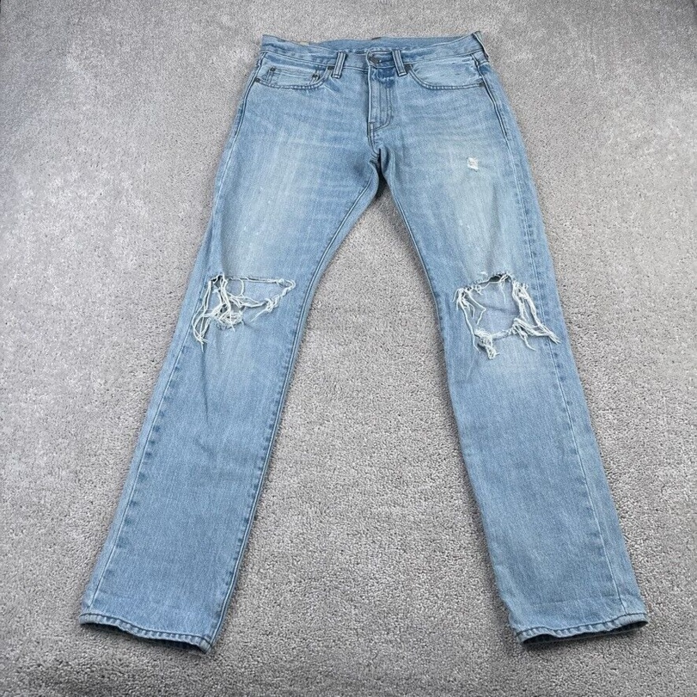 J Crew Mens Jeans 30x32 Blue 484 Slim Fit Kaihara Japanese Denim Ripped Distress